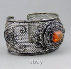 BEL IMPORTANT BRACELET ANCIEN BERBERE EN ARGENT MASSIF et verre cristal taillé