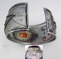 BEL IMPORTANT BRACELET ANCIEN BERBERE EN ARGENT MASSIF et verre cristal taillé