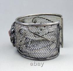 BEL IMPORTANT BRACELET ANCIEN BERBERE EN ARGENT MASSIF et verre cristal taillé