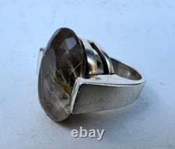 Bague Argent Massif et Pierre Quartz Rutile à Inclusions Bijou Ancien 1960-1970
