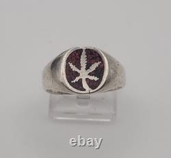 Bague Chevalière Ancienne Argent Massif & Pierre Rouge Motif Feuille T69 # U150