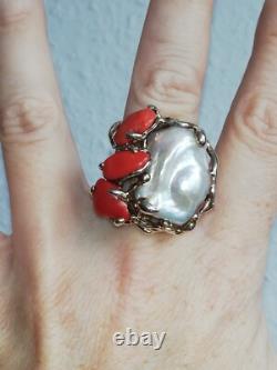 Bague ancienne argent Massif corail Silver Ring Créateur Italien