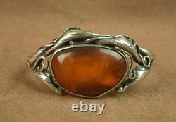 Beau Bracelet Ancien Art Nouveau En Argent Massif Et Ambre