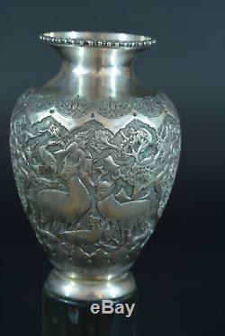 Beau vase ancien argent massif Cartouche Persant Animaux sterling silver