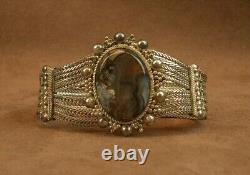 Bel Important Bracelet Ancien En Argent Massif Et Pierre Dure