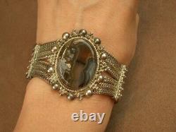 Bel Important Bracelet Ancien En Argent Massif Et Pierre Dure