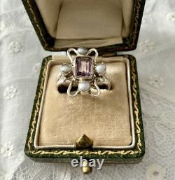 Belle Améthyste, Perle, Argent Massif, Sublime Bague Ancienne