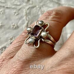 Belle Améthyste, Perle, Argent Massif, Sublime Bague Ancienne