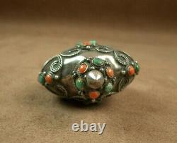 Belle Ancienne Tabatiere Snuff Bottle Box En Argent Massif Turquoise Et Corail