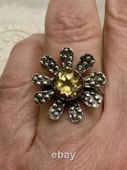 Belle Citrine Ancienne Bague Fleur Vermeil Et Argent Massif Ouvragée
