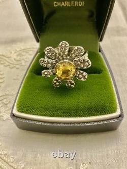 Belle Citrine Ancienne Bague Fleur Vermeil Et Argent Massif Ouvragée