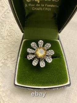 Belle Citrine Ancienne Bague Fleur Vermeil Et Argent Massif Ouvragée
