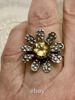 Belle Citrine Ancienne Bague Fleur Vermeil Et Argent Massif Ouvragée