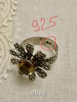 Belle Citrine Ancienne Bague Fleur Vermeil Et Argent Massif Ouvragée