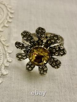 Belle Citrine Ancienne Bague Fleur Vermeil Et Argent Massif Ouvragée