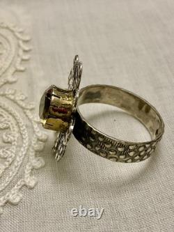Belle Citrine Ancienne Bague Fleur Vermeil Et Argent Massif Ouvragée