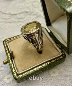 Belle Citrine Véritable, Argent Massif Ouvragé, Imposante Bague Ancienne