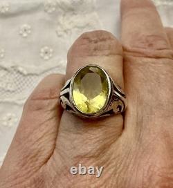 Belle Citrine Véritable, Argent Massif Ouvragé, Imposante Bague Ancienne