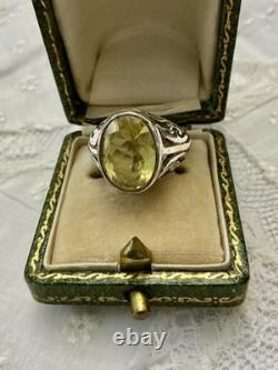 Belle Citrine Véritable, Argent Massif Ouvragé, Imposante Bague Ancienne