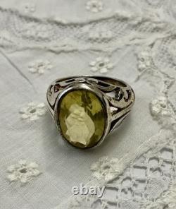 Belle Citrine Véritable, Argent Massif Ouvragé, Imposante Bague Ancienne
