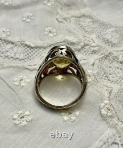 Belle Citrine Véritable, Argent Massif Ouvragé, Imposante Bague Ancienne