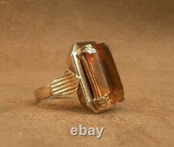 Belle Importante Bague Ancienne Argent Et Or Massif Grosse Pierre Orange