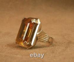 Belle Importante Bague Ancienne Argent Et Or Massif Grosse Pierre Orange