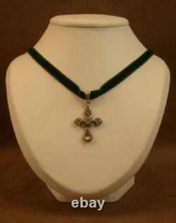 Belle croix badine ancienne en argent massif et pierres XIXe siècle