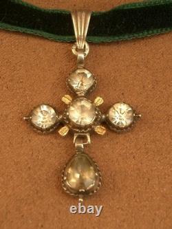 Belle croix badine ancienne en argent massif et pierres XIXe siècle