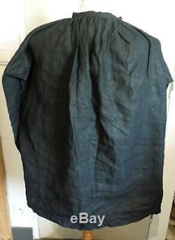 Blouse de maquignon ancienne/Biaude/Blaude en lin noir/ Boucle col argent massif