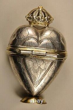 Boite Reliquaire Ancien Argent Massif Antique Solid Silver Reliquary Heart Box