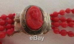 Bracelet Ancien 19e Perles Et Camée En Corail Rouge, Fermoir En Argent 17cm