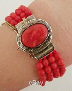 Bracelet Ancien 19e Perles Et Camée En Corail Rouge, Fermoir En Argent 17cm