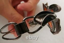 Bracelet Ancien Ambre Articulé En Argent Massif, Signé MW Style Art Nouveau