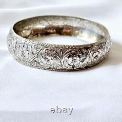 Bracelet Ancien Argent Massif À Décor Fleurs Feuillages Diamètre 65mm Largeur