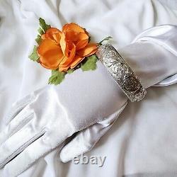 Bracelet Ancien Argent Massif À Décor Fleurs Feuillages Diamètre 65mm Largeur