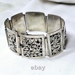 Bracelet Ancien Argent Massif Indochine Début Xxe Décor Pagodes Dragons