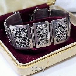 Bracelet Ancien Argent Massif Indochine Début Xxe Décor Pagodes Dragons