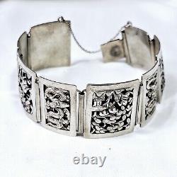 Bracelet Ancien Argent Massif Indochine Début Xxe Décor Pagodes Dragons