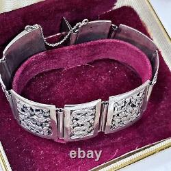 Bracelet Ancien Argent Massif Indochine Début Xxe Décor Pagodes Dragons