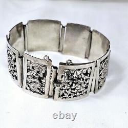 Bracelet Ancien Argent Massif Indochine Début Xxe Décor Pagodes Dragons