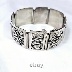 Bracelet Ancien Argent Massif Indochine Début Xxe Décor Pagodes Dragons