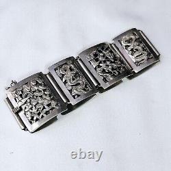 Bracelet Ancien Argent Massif Indochine Début Xxe Décor Pagodes Dragons