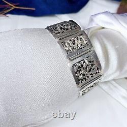Bracelet Ancien Argent Massif Indochine Début Xxe Décor Pagodes Dragons