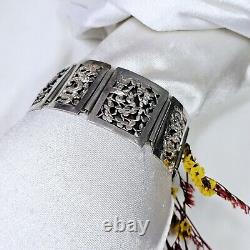 Bracelet Ancien Argent Massif Indochine Début Xxe Décor Pagodes Dragons
