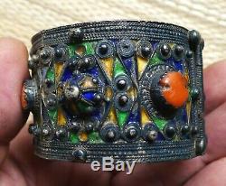 Bracelet Argent Ancien Corail Email Maroc Berbere Antique Moroccan Silver Bangle