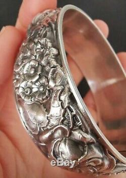 Bracelet ancien 19e en argent massif, art nouveau