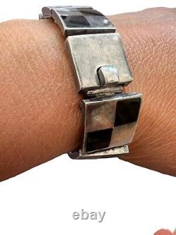 Bracelet argent massif ancien Unisex Vintage Émaillé Géométrique Bijoux Mexicain