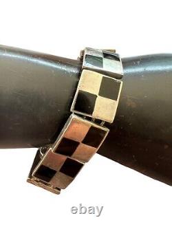 Bracelet argent massif ancien Unisex Vintage Émaillé Géométrique Bijoux Mexicain