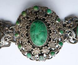 Bracelet argent massif + camée en malachite silver Bijou ancien 19e s cameo